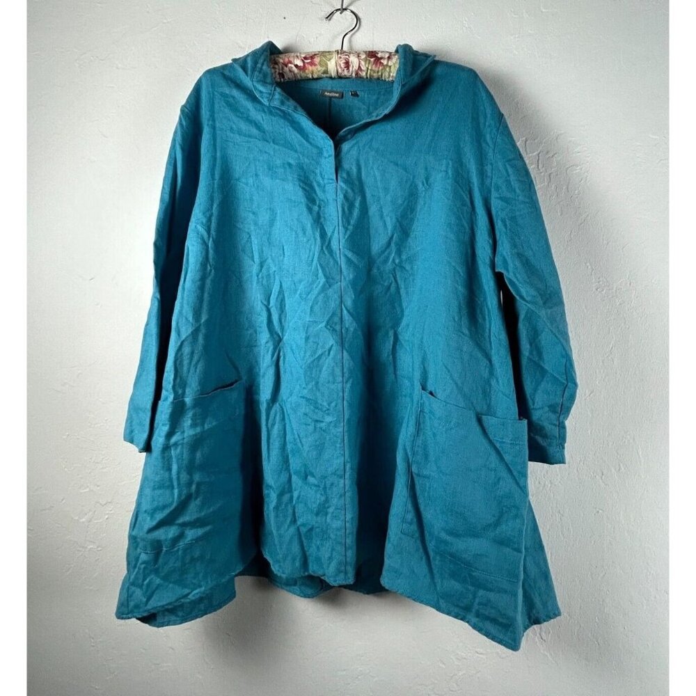 Amelline Top Womens XL Linen Henley Tunic Blouse Blue Lagenelook Pockets Casual